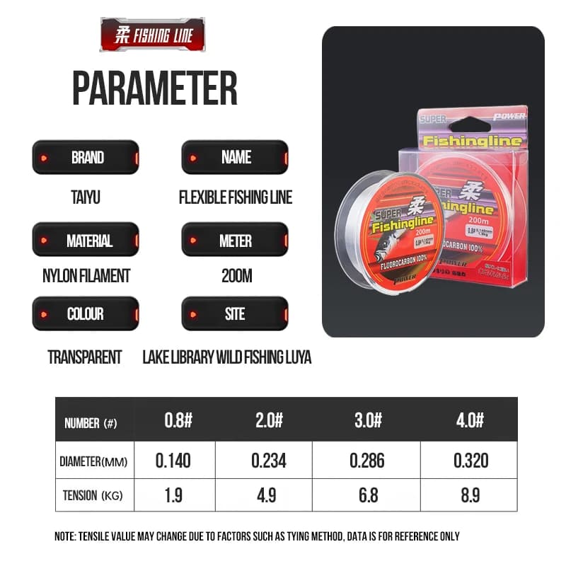 Ligne de pêche monofilament TAIYU 200 mètres résistante fluorocarbone 4-20LB pour tous poissons