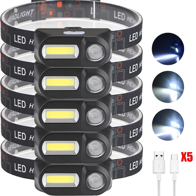 Mini lampe frontale pêche rechargeable USB - Double source lumière XPE+COB pour pêche nocturne
