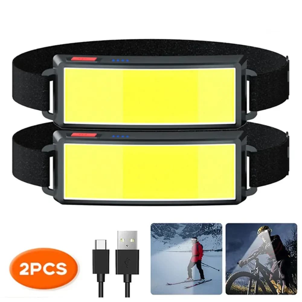 Lampe frontale COB 180° rechargeable USB 3 modes pour randonnée, camping et pêche