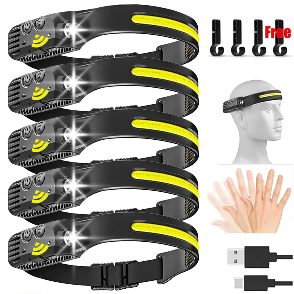 Lampe frontale LED détecteur USB rechargeable COB étanche pêche camping travail