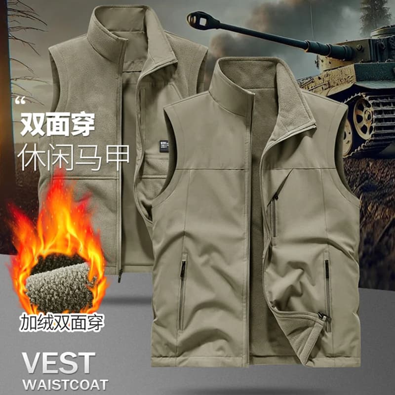 Veste polaire double face pêche hiver - Gilet chauffant coupe-vent photographe pêcheur extérieur