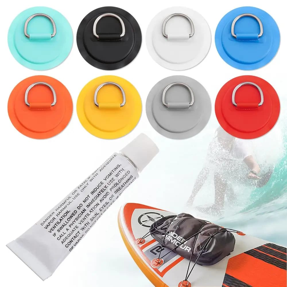 Kit réparation planche surf et SUP : 4 patches PVC, anneaux inox, corde élastique 5m pour deck rigging