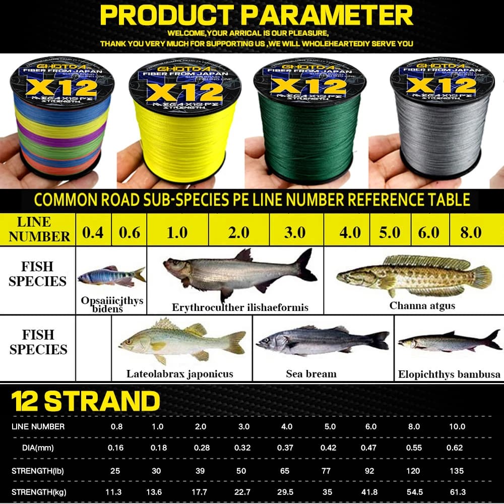 Ligne de pêche GHOTDA PE X12 tresse mer forte 300m 500m 1000m 12 brins 25 à 120LB