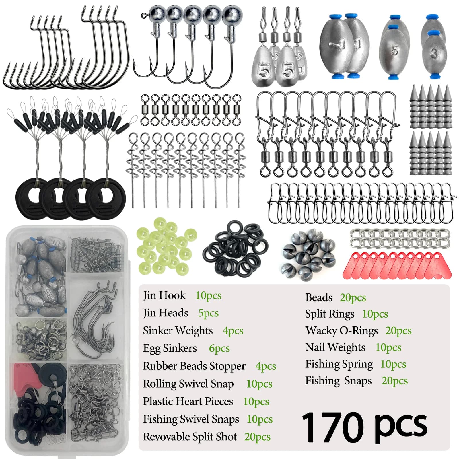 Kit Pêche Professionnel 170-410 Pièces avec Boîte - Hameçons Plombs Swivels pour Bass Truite Mer