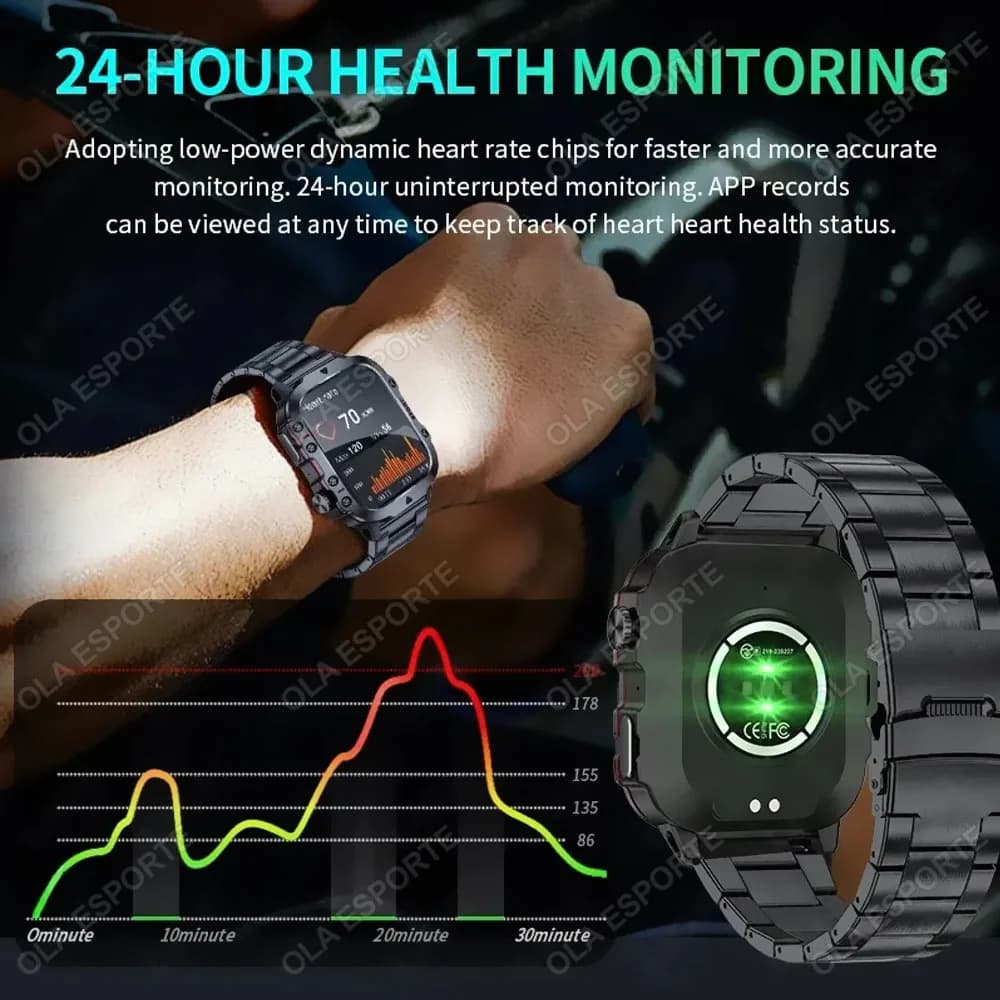 Montre connectée militaire 2025 GPS étanche avec lampe torche et appels Bluetooth pour Android iOS