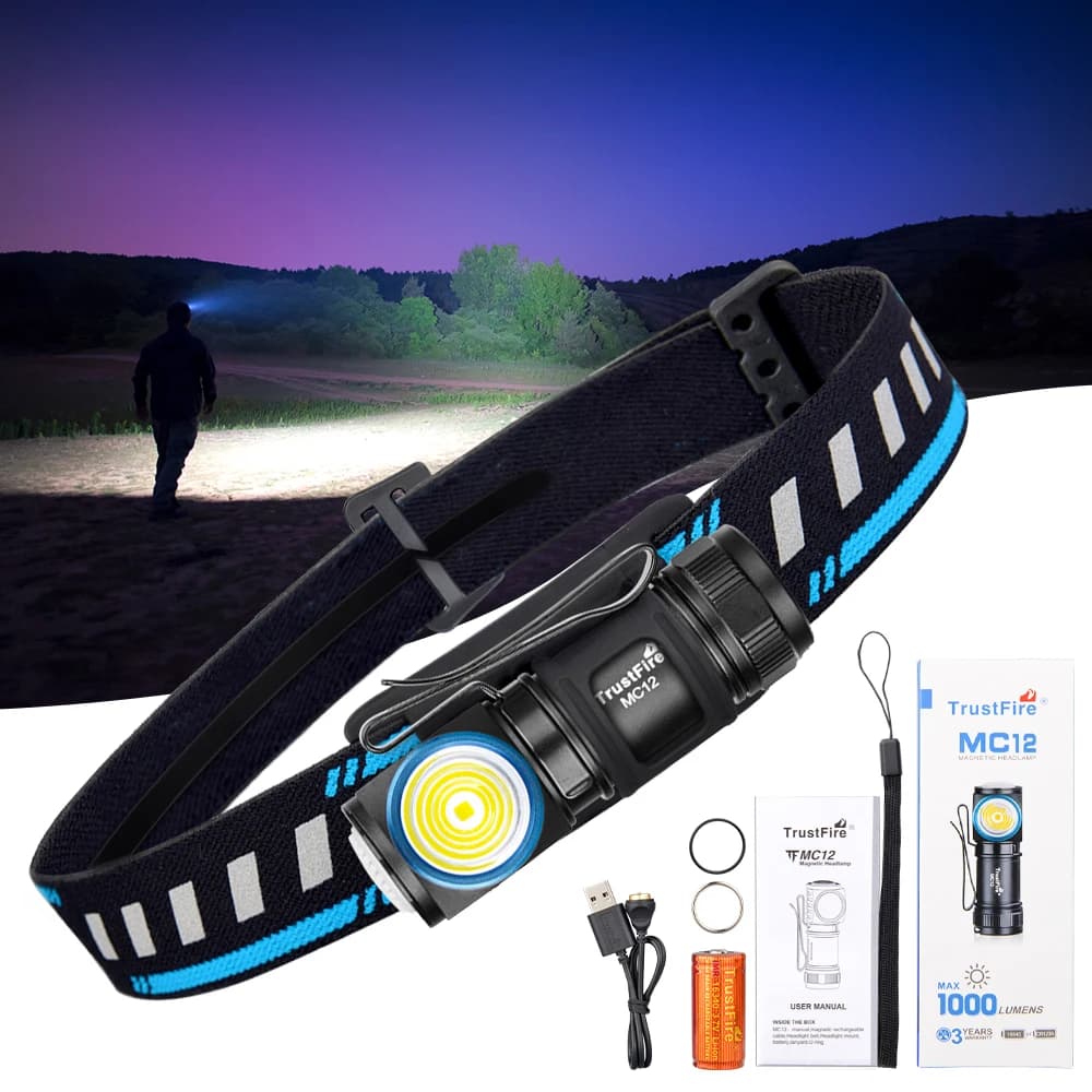 Lampe frontale TrustFire MC12 1000 lumens rechargeable magnétique pour pêche et camping haute performance