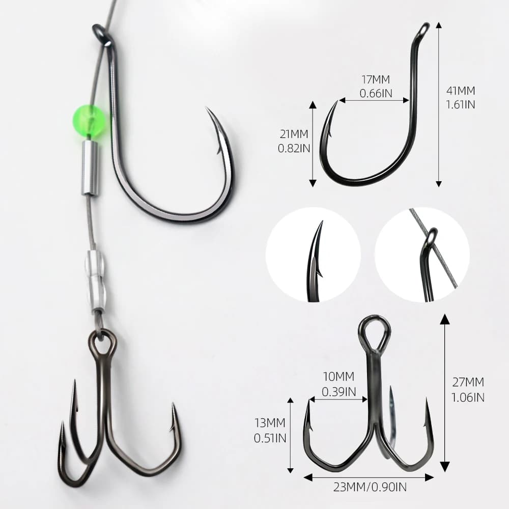 Montage stinger 1 pièce avec hameçon simple et triple pour vifs morts - 49 brins acier pour silure et daurade