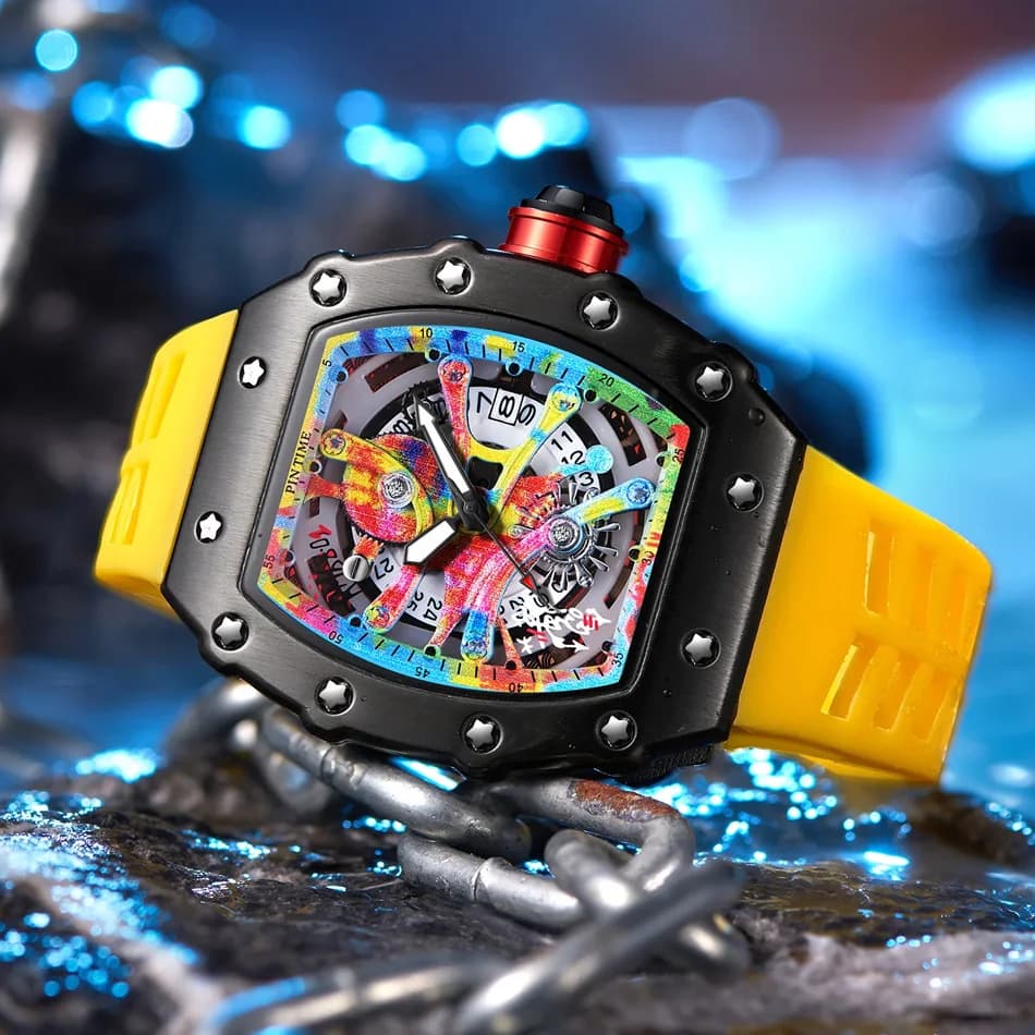 Montre homme luxe tonneau multifonction cadran graffiti automatique étanche sport quartz occasion