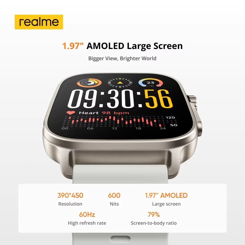 realme watch 5 Version Globale - Montre connectée AMOLED 1,97 pouces 600 nits autonomie 14 jours étanche IP68