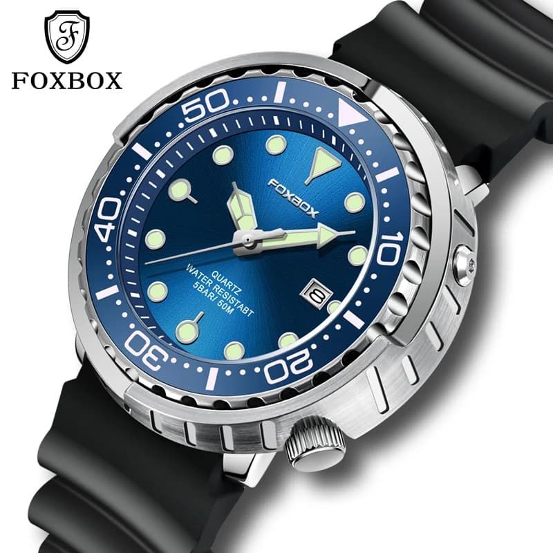 Montre plongeur homme étanche 50ATM FOXBOX LIGE, montre sport quartz avec bracelet silicone et affichage numérique