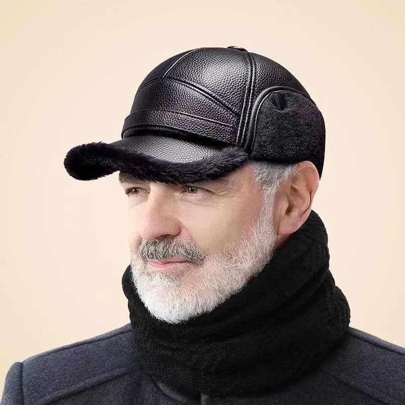 Casquette hiver pêche cuir doublure polaire - Protection oreilles vent - Ski pêche froide
