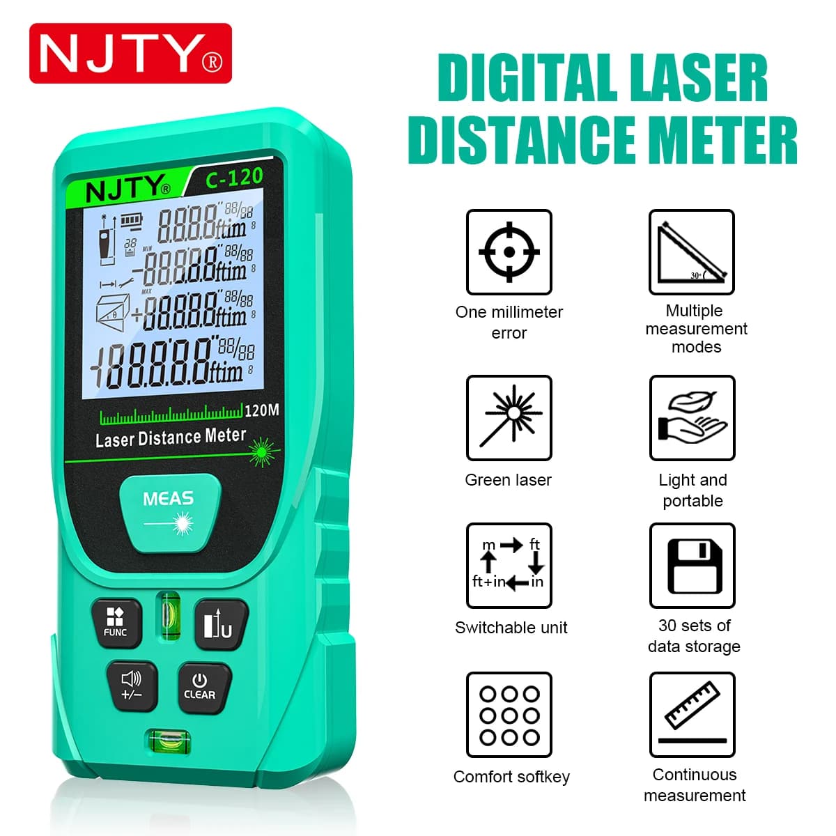 Télémètre laser vert NJTY 120m étanche IP54 - Mesure précision haute avec écran rétroéclairé
