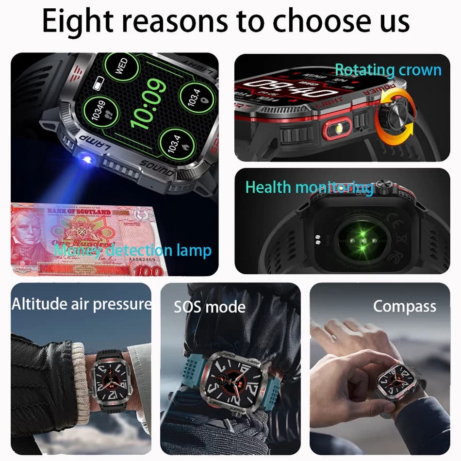 Smartwatch militaire GPS avec lampe torche et boussole - Montre outdoor étanche 600mAh