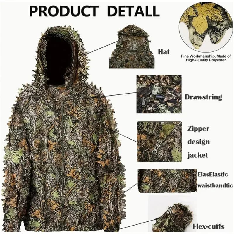 Combinaison Ghillie feuillue 3D camouflage forêt pour pêche discrète et photographie animalière