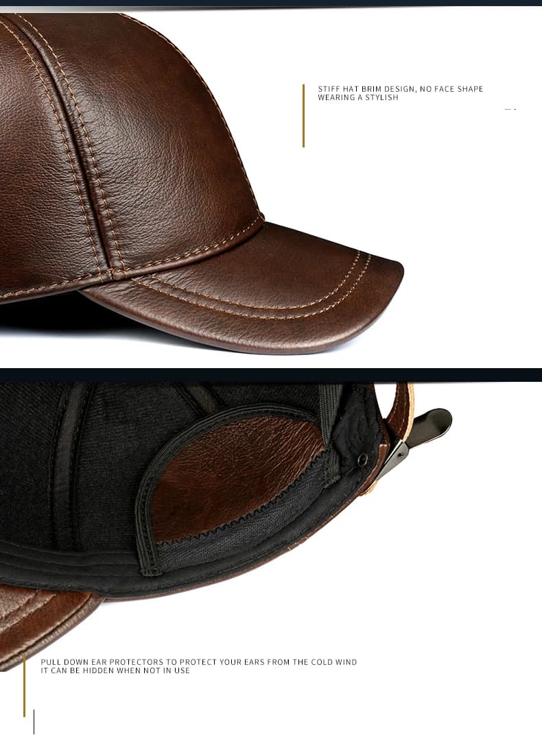 Casquette baseball cuir véritable homme hiver 2024 - Protection oreilles chasse pêche sport
