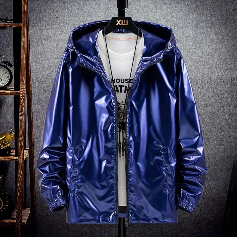 Veste bomber argentée brillante homme waterproof - Veste légère automne Harajuku coupe-vent à capuche