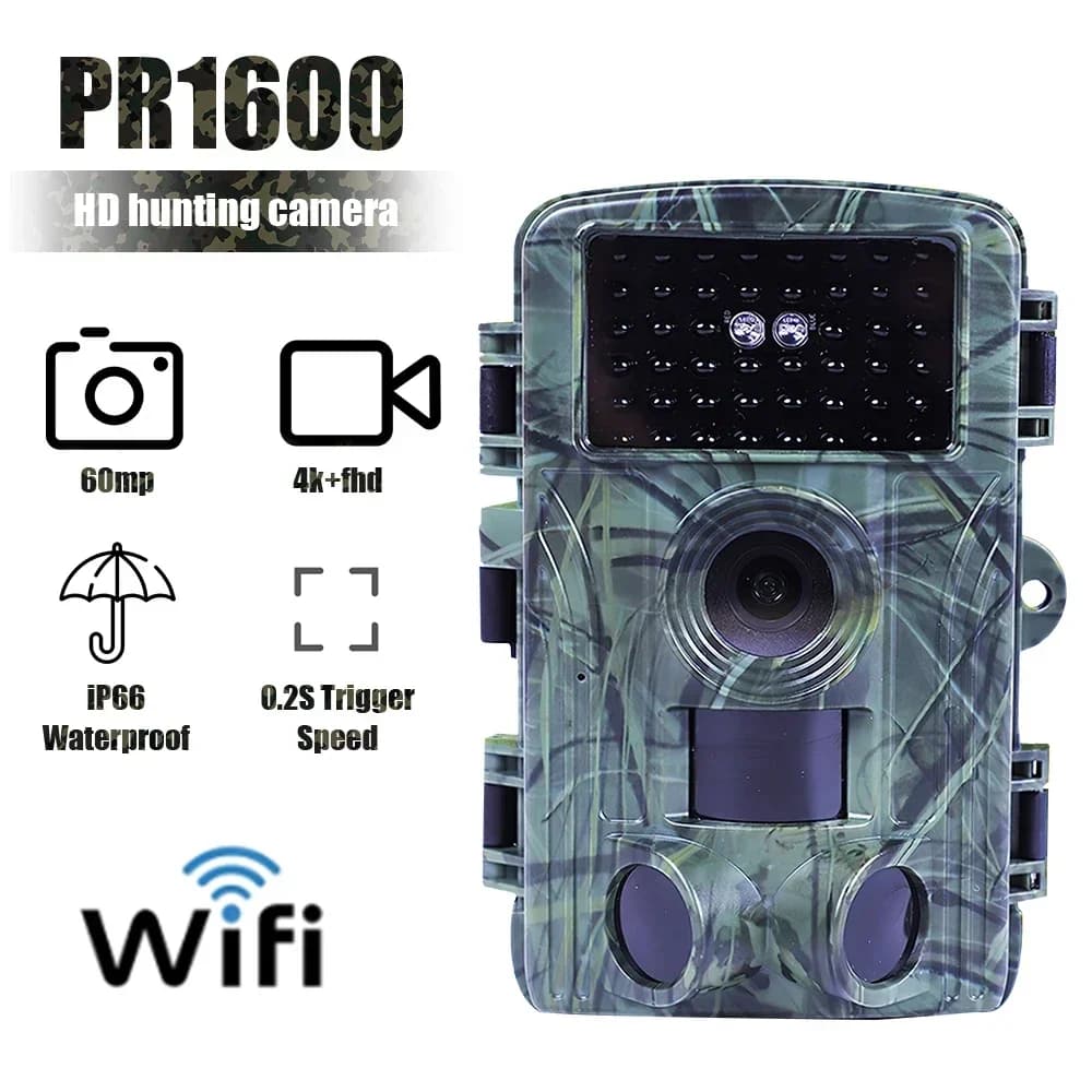 Caméra PR1600 60MP WiFi 4K/8K pour chasse extérieure vision nocturne IR piège photo étanche activé mouvement