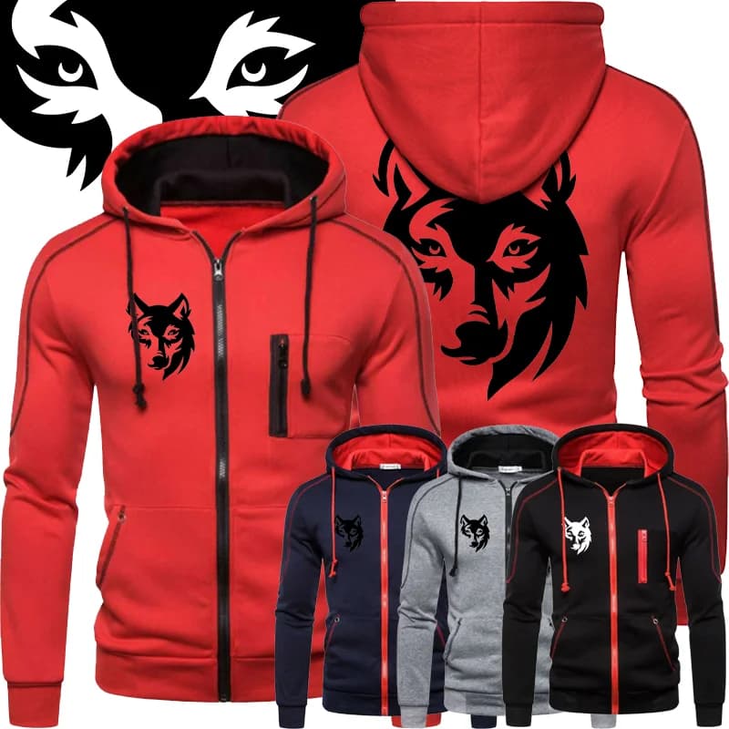 Sweatshirt à capuche homme impression loup - Veste zippée confortable pêche automne hiver