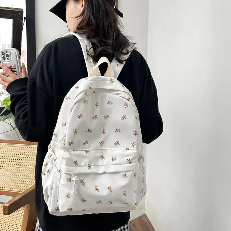 Sac à dos nylon frais et simple grande capacité - Pêche scolaire à motifs floraux - Collégiens
