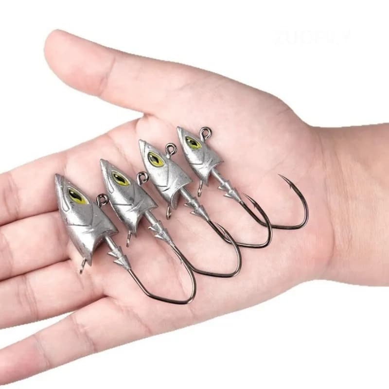 Hameçons plombés mer 5 pièces 14g à 42g pour bar et daurade - Tête poisson simulée avec porte-hameçon élargi