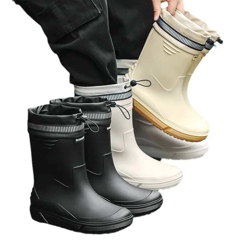 Bottes caoutchouc homme mi-mollet imperméables anti-dérapantes semelle épaisse - Chaussures eau livreurs pêche