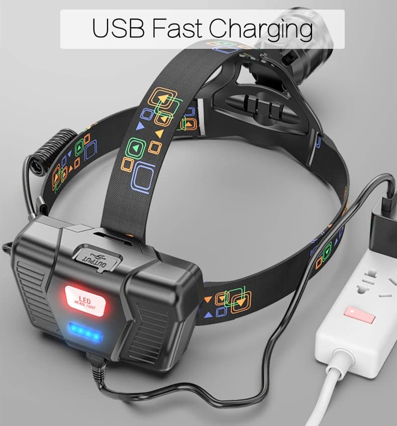Lampe frontale puissante XHP100 zoomable USB rechargeable étanche pour pêche et camping