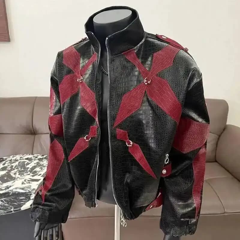 Veste en cuir PU homme 2025 col montant contrasté - Veste fashion pour pêcheurs au style streetwear tendance