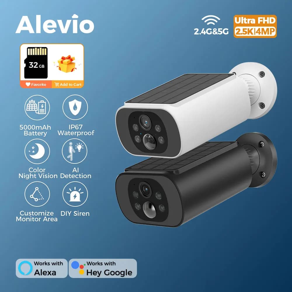 Caméra solaire extérieure ALEVIO 2.5K WiFi - Détection IA PIR - Vision nocturne couleur - Autonomie longue
