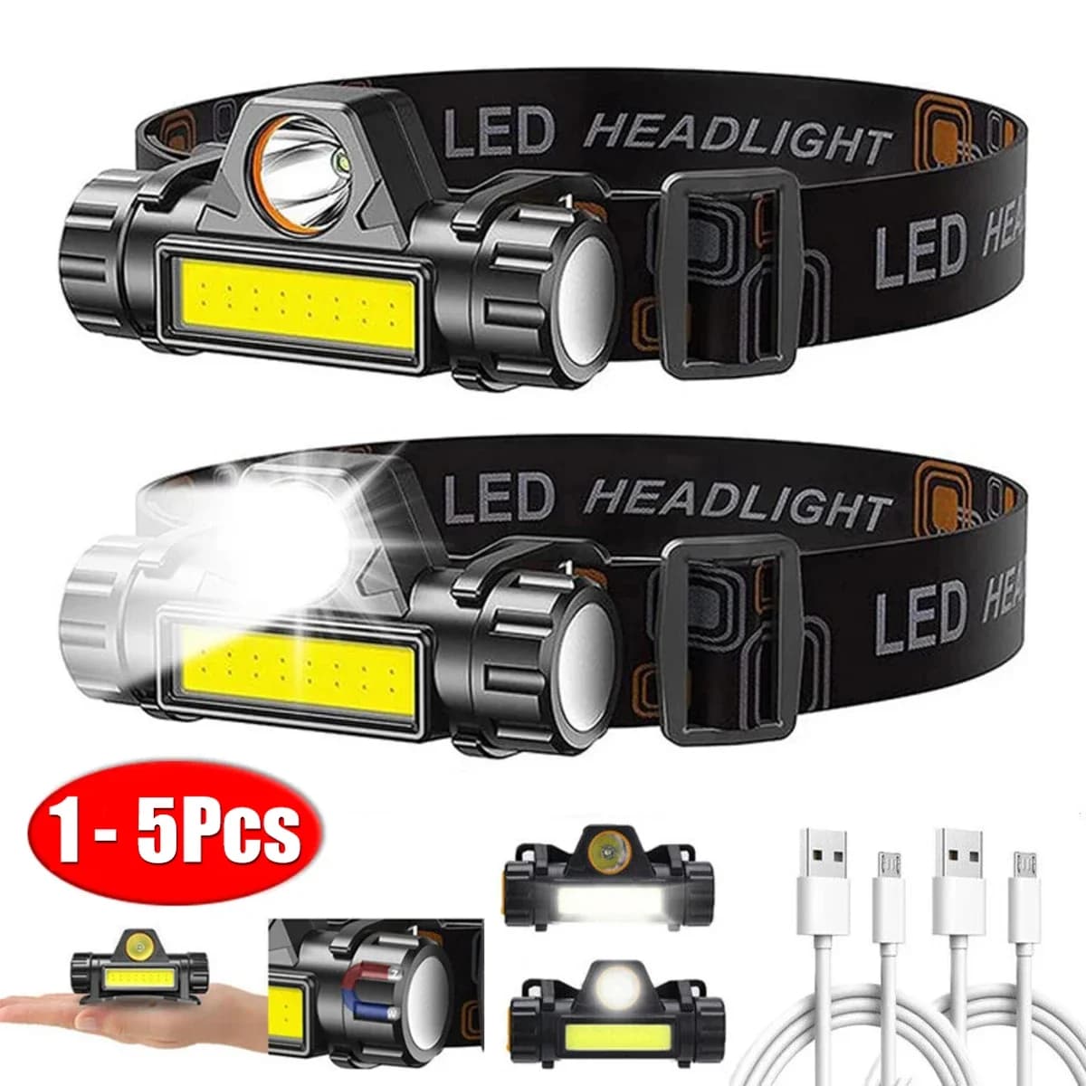 Lot 1-5 lampes frontales COB LED magnétiques étanches pour pêche en mer et rivière