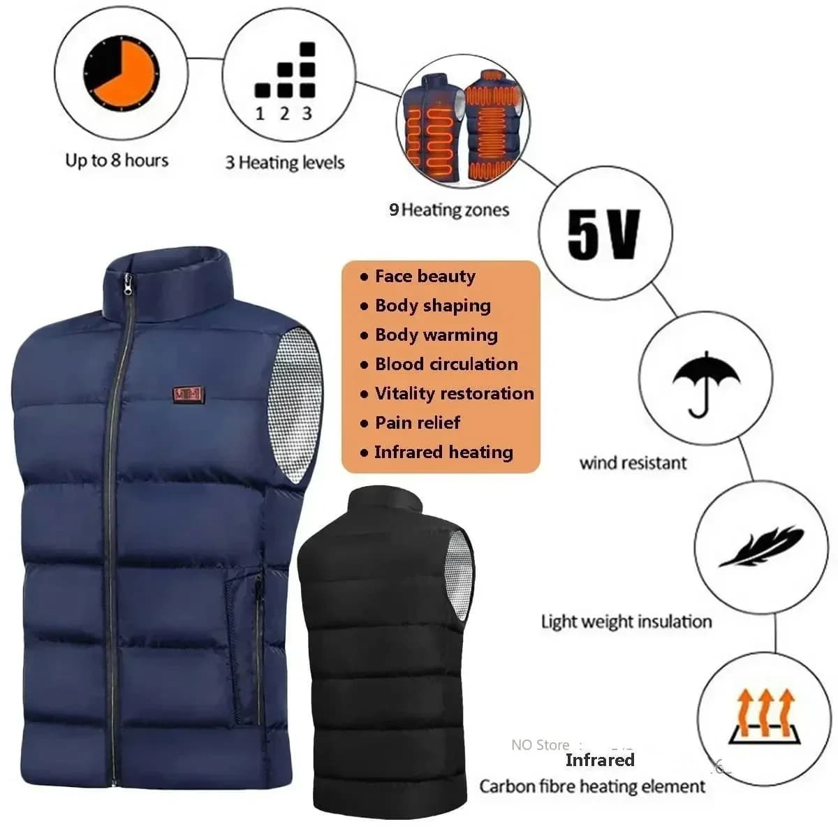Veste chauffante homme et femme électrique USB pour randonnée hiver chauffage corporel 6XL