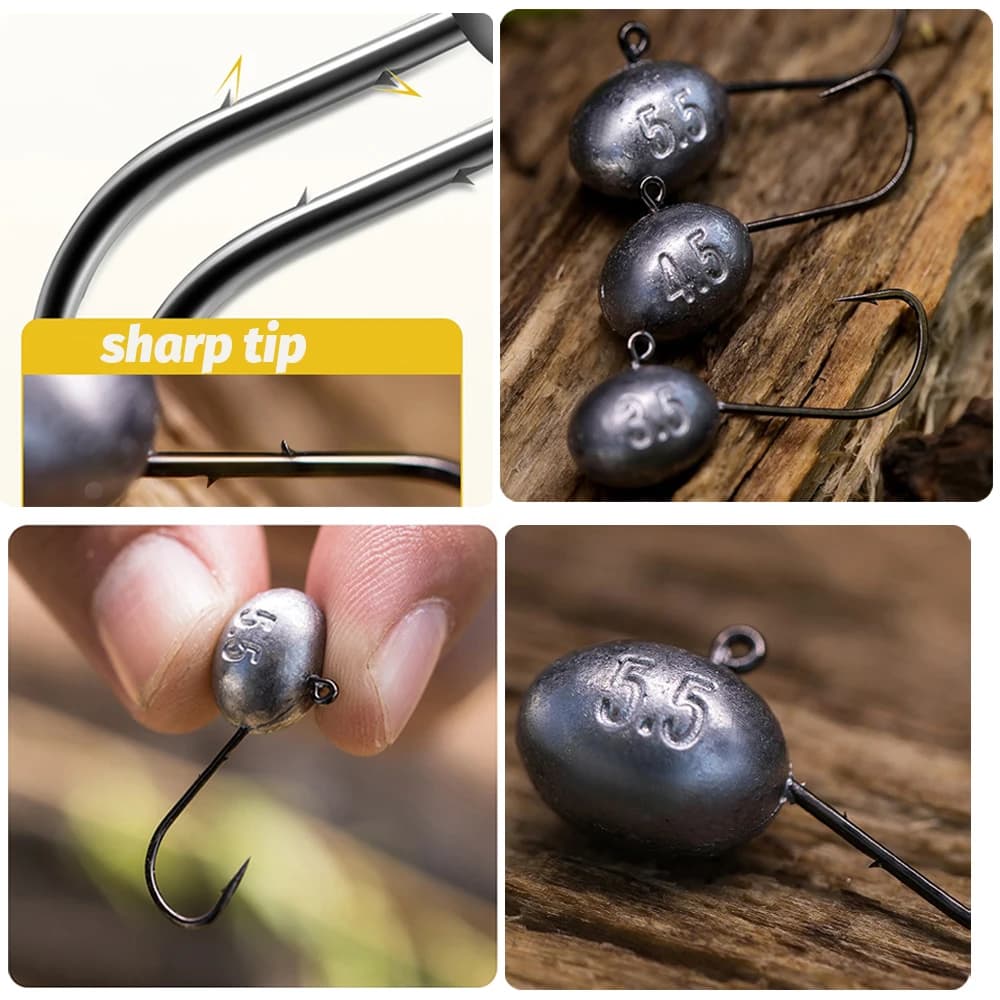 Lot de 5 têtes plombées jig pour leurres, 1.5g à 6.5g, hameçon double ardillon forte puissance pour pêche
