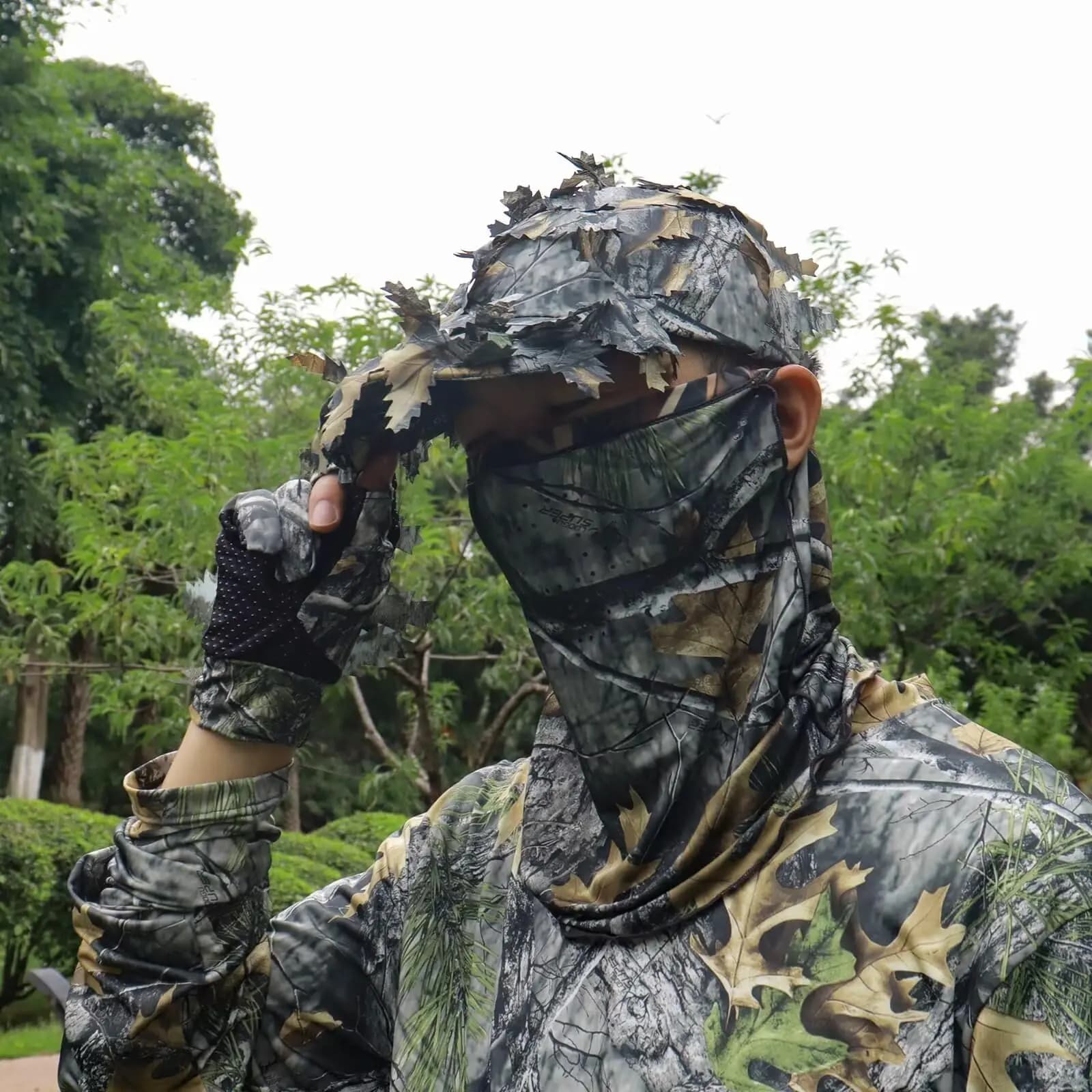 Gants camouflage chasse 3D feuillage léger anti-dérapage demi-doigts pêche sport