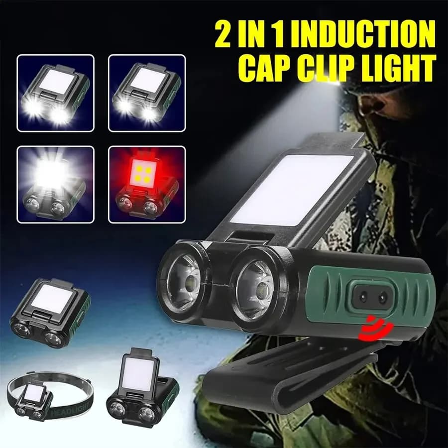Lampe frontale LED COB rechargeable USB pour pêche nocturne et camping - détecteur de mouvement intégré