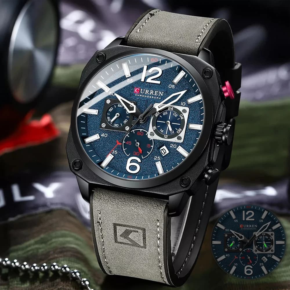 Montre homme CURREN chronographe étanche - Cuir quartz calendrier aiguilles lumineuses montre multifonction