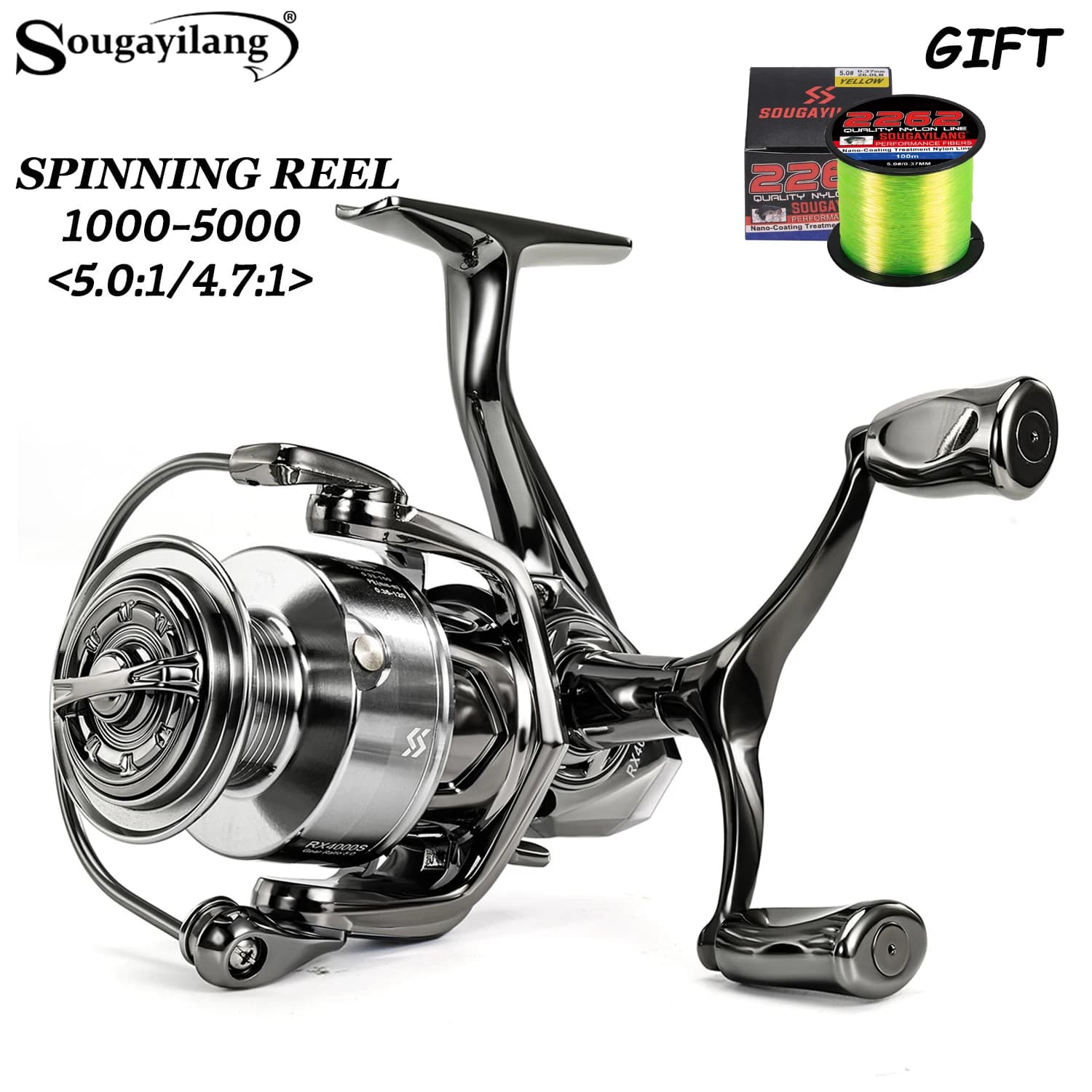 Moulinet spinning Sougayilang 1000-5000 ratio 5.0/4.7:1 double poignée max drag 22LB
