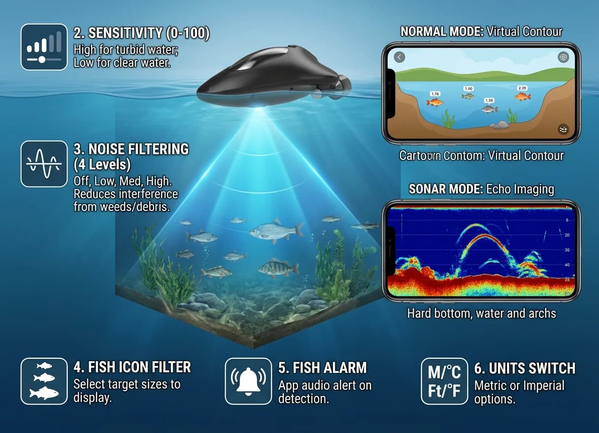 Sonar télécommandé avec appli WiFi - Détecteur de poissons sans fil pour bateau et kayak