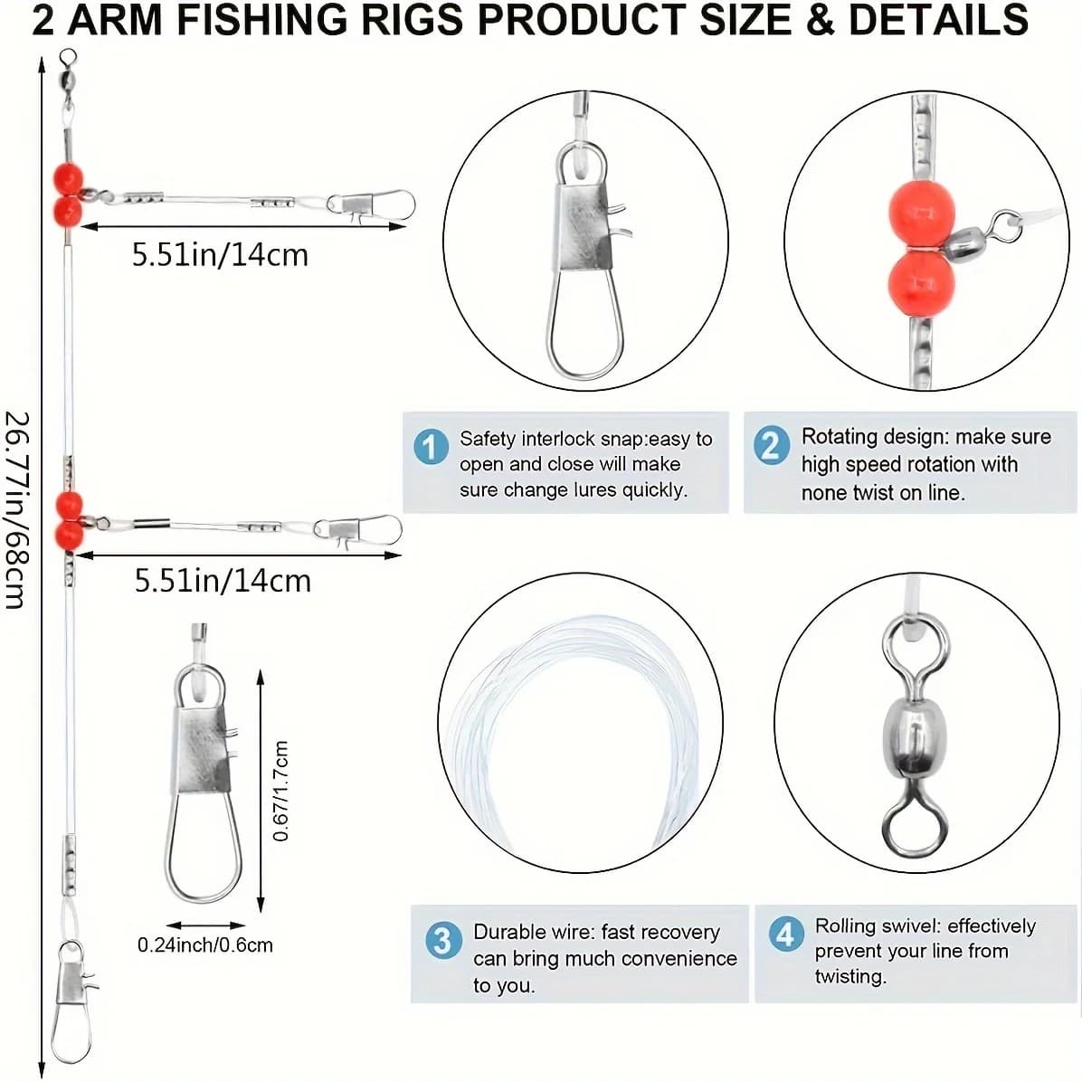 Kit 18 bas de ligne pêche mer avec émerillons snaps acier haute résistance pour leurres appâts