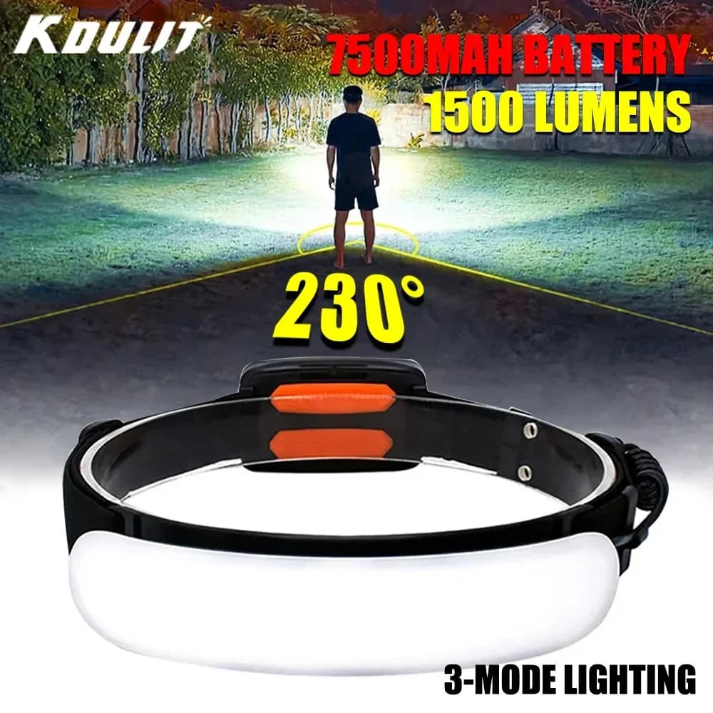 Lampe frontale LED 1500LM haute puissance pour pêche et camping - batterie 7500mAh rechargeable USB