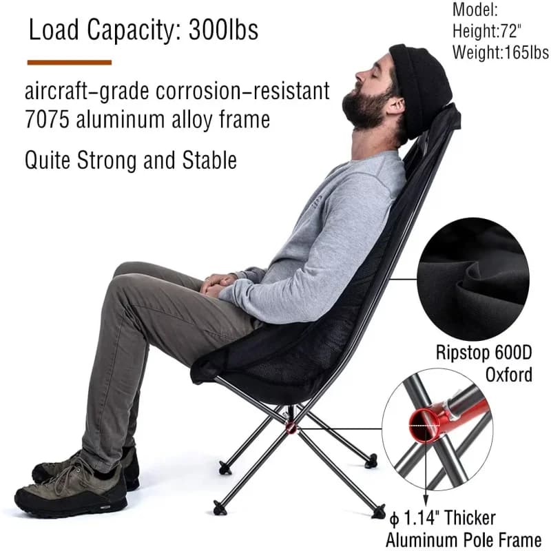 Chaise pliante camping pêche à dossier haut - Siège lune pliable pour détente en plein air