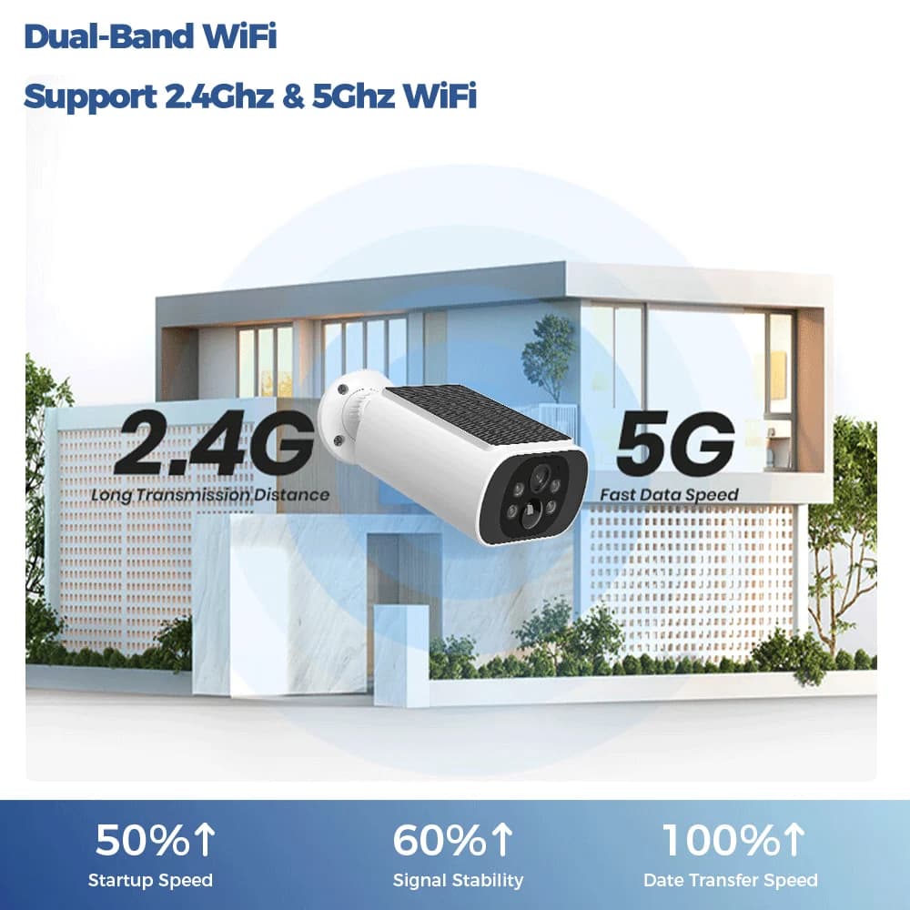 Caméra solaire WiFi extérieure sécurité sans fil 2.5K vision nocturne couleur détection IA batterie