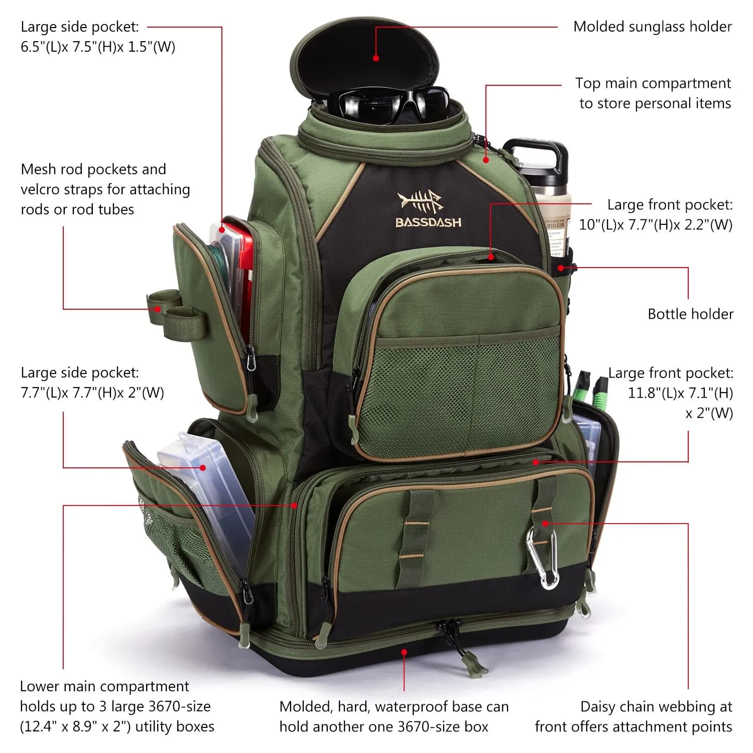Sac à dos tactique léger Bassdash avec housse de pluie - Boîte à pêche souple multifonction