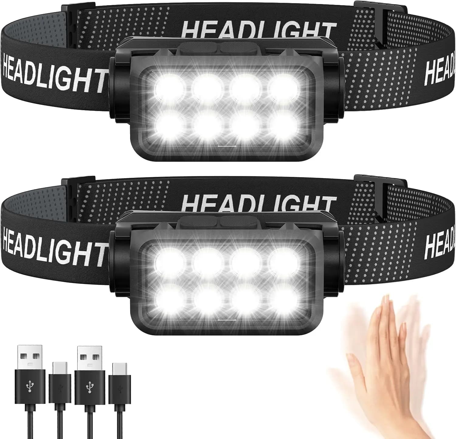 Lampe frontale rechargeable à détecteur de mouvement 8 LED ultra-bright pour pêche et activités nocturnes