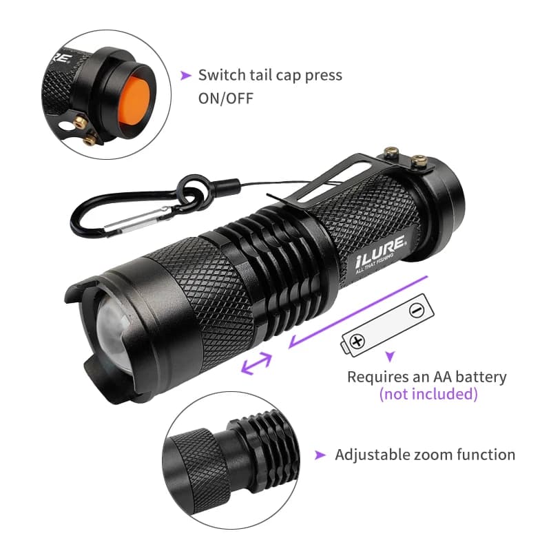 Lampe UV 395nm zoomable pour leurres de pêche et appâts fluorescents pour carnassiers