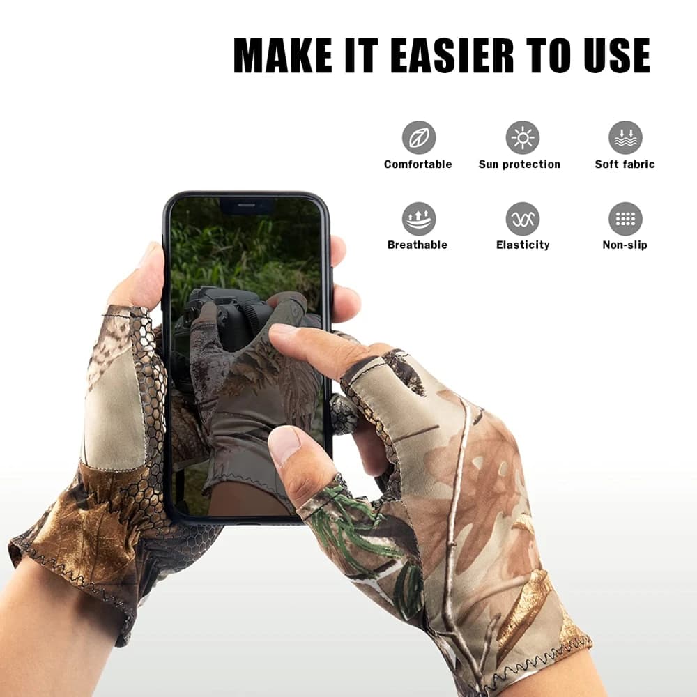 Gants camouflage pêche anti-dérapage élastiques fins mitaine 3 doigts coupés chasse vélo mi-doigts