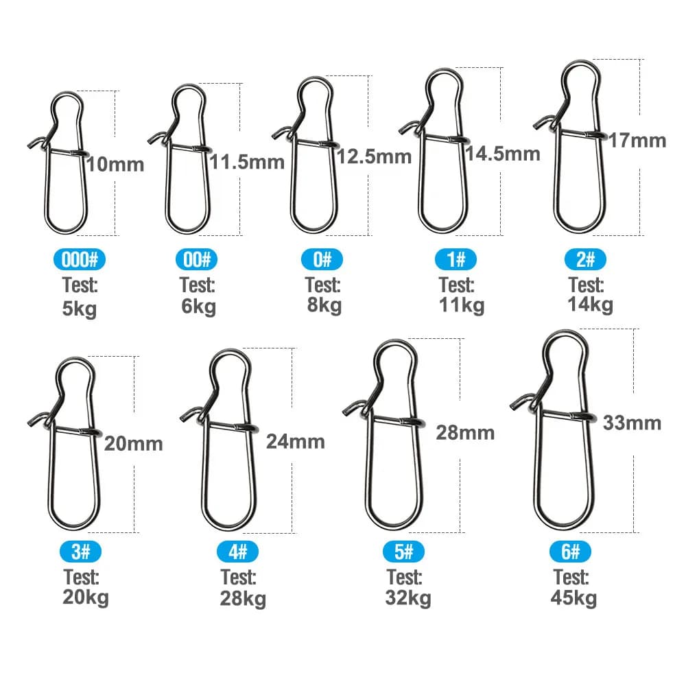 50 ou 100 pièces d'accessoires pêche clips Fastlock en acier inoxydable, snap à gâchette pour leurres et émerillons