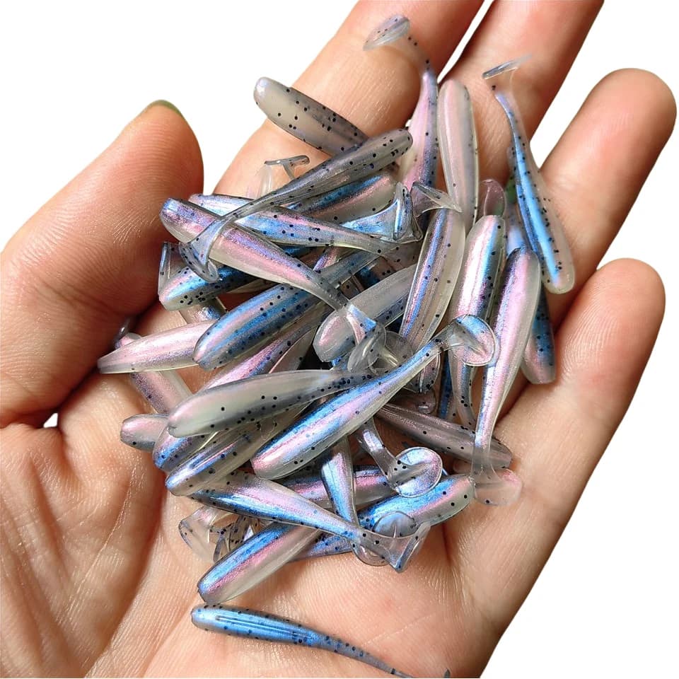 Leurre Souple Micro 50 Pièces 35mm T-tail pour Bass et Brochet, Appât Artificiel 0.35g Pêche aux Leurres