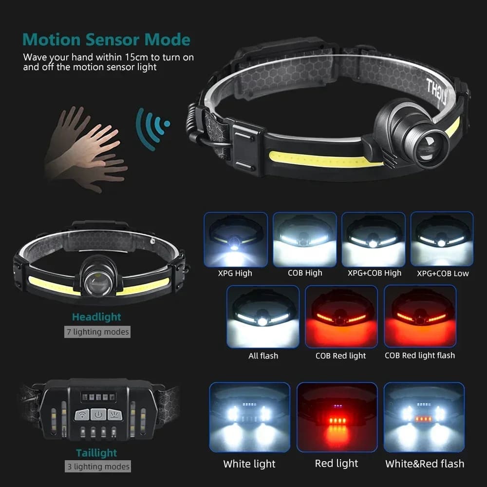 Lampe frontale puissante LED 7 modes XPE+COB avec capteur pour pêche chasse et activités outdoor