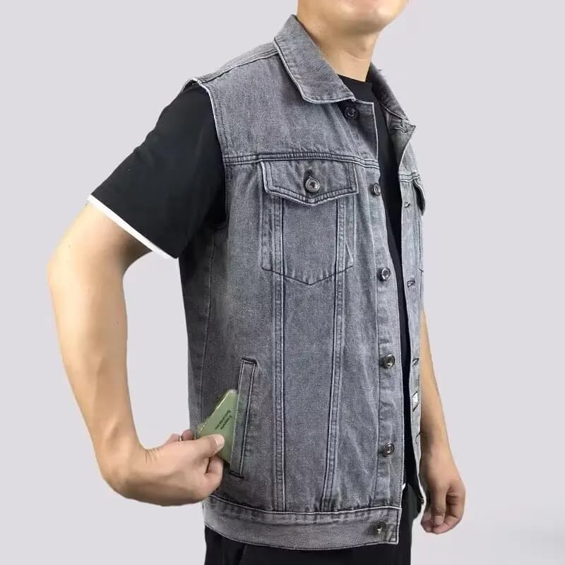 Veste denim rétro haut de gamme multi-poches - Veste sans manches col revers travail - Style vintage pêche