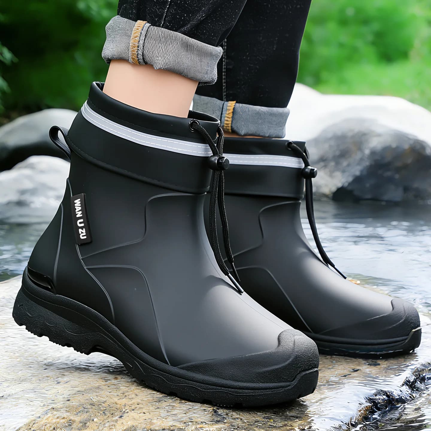 Bottes de pluie courtes homme doublées polaire imperméables antidérapantes pour pêche hivernale et vadrouille