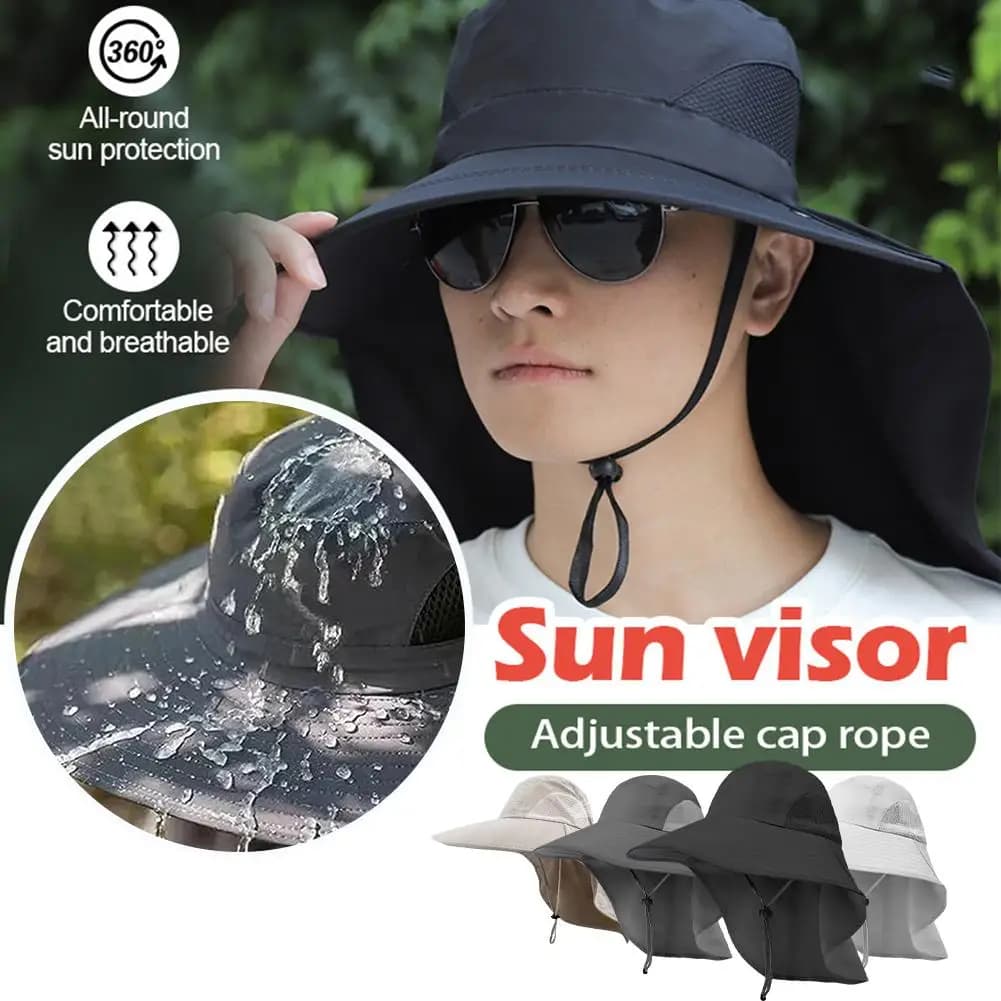 Chapeau de pêche à large bord avec protection cou et réglable pour randonnée et camping anti-UV